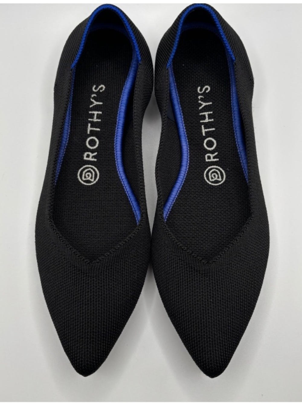Rothy's Black Pointed Knit Flats with Blue Trim